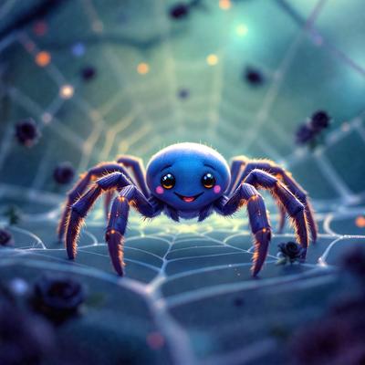 The primary subject of the image is a happy, smiling spider with a blue face. The spider is sitting on a web, surrounded by a green background. The visual style of the image is digital art, with the spider being drawn or illustrated. The colors and mood of the image are bright and cheerful, with the blue face of the spider adding a touch of whimsy to the scene.